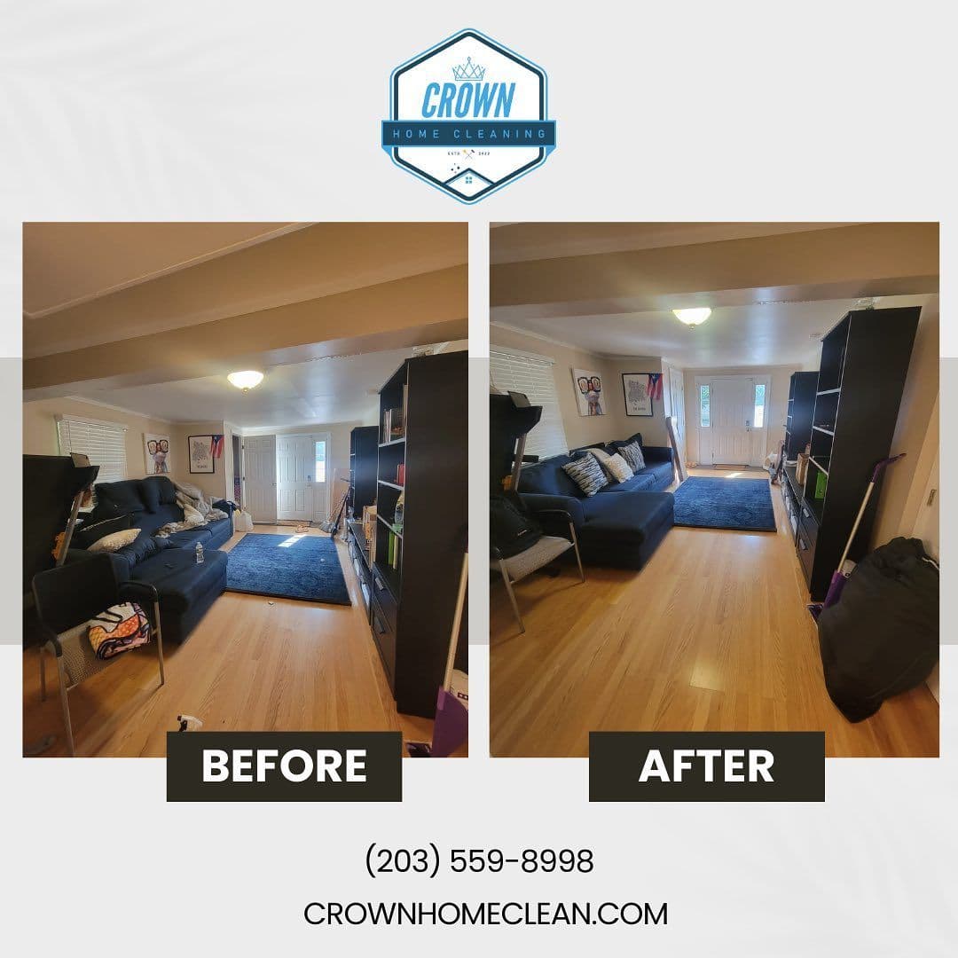 Before and after photos showcasing a spacious, cleaned living room by Crown Home Cleaning.