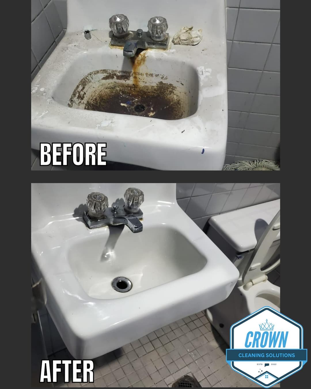 Before and after cleaning comparison of a bathroom sink showing significant grime removal.