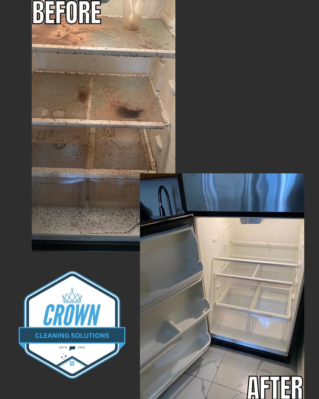 Fridge cleaning before and after by Crown Cleaning Solutions, showcasing spotless shelves.