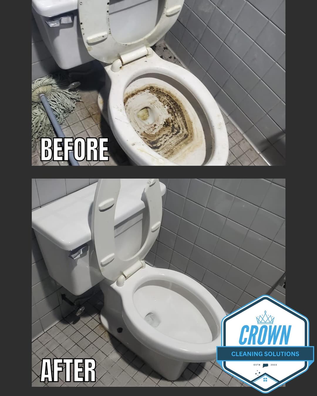 Before and after toilet cleaning comparison showcasing significant grime removal.